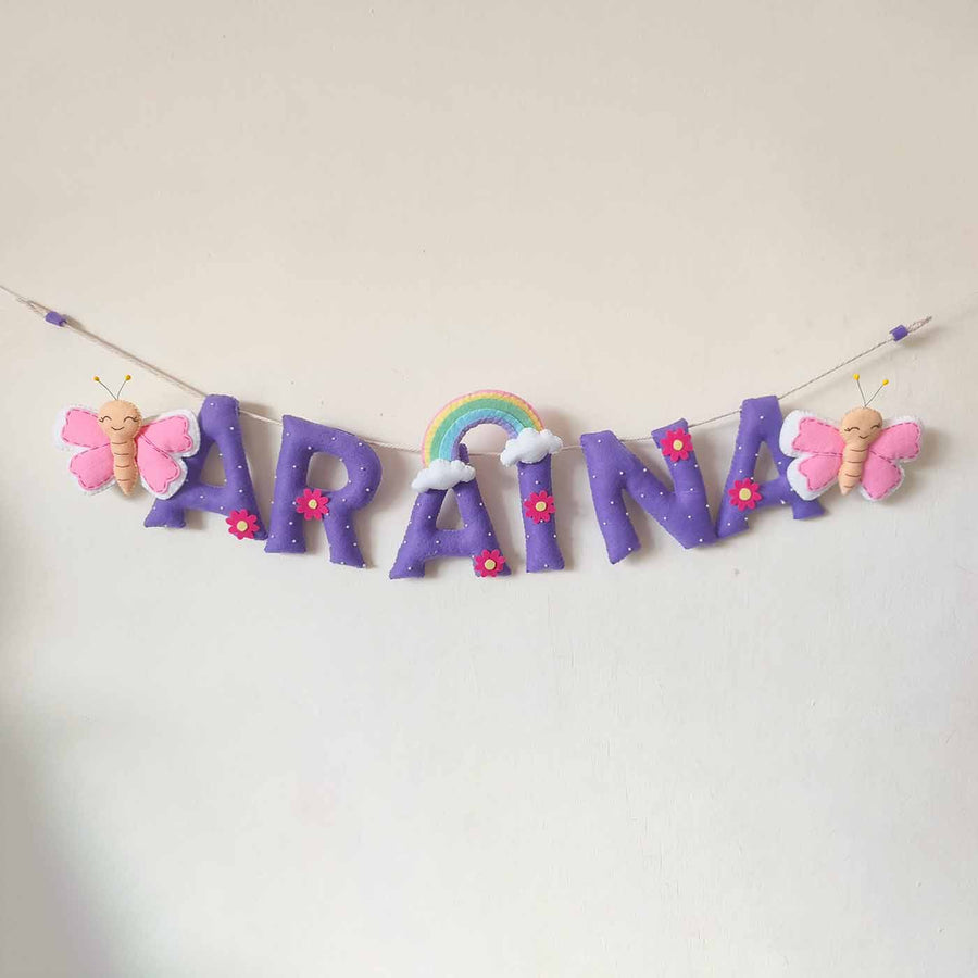 Hand Stitched Butterfly Themed Round Felt Kids Name Plate For Girls - Hanging Name Garland Front View
