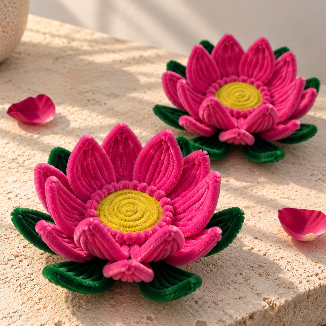 Set of 2 | Handcrafted Rani Pink Lotus Pipe Cleaner LED Tealight Holders