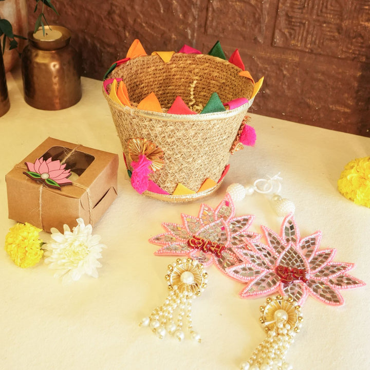 Fragrant Threads Mini Diwali Gift Hamper | Includes 1 Diffuser, 2 Hangings, 1 Diwali Card, 1 Jute Basket