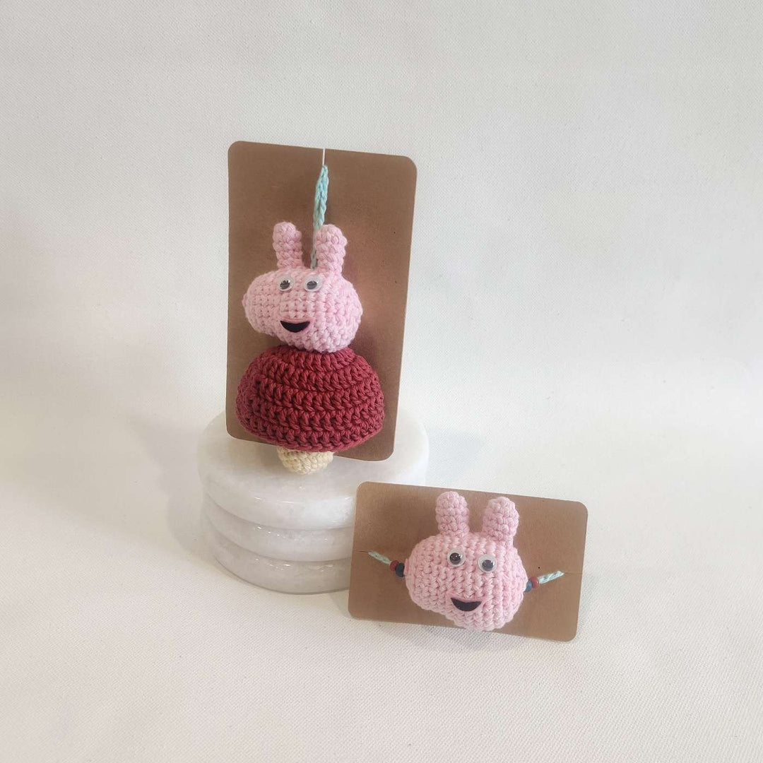 Handmade Crochet Peppa Pig Kids Rakhi With Roli Chawal - Displayed on Card