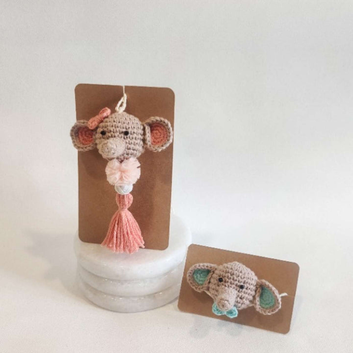 Handmade Crochet Dumbo Kids Rakhi With Roli Chawal - Hanging Keychain Close-up