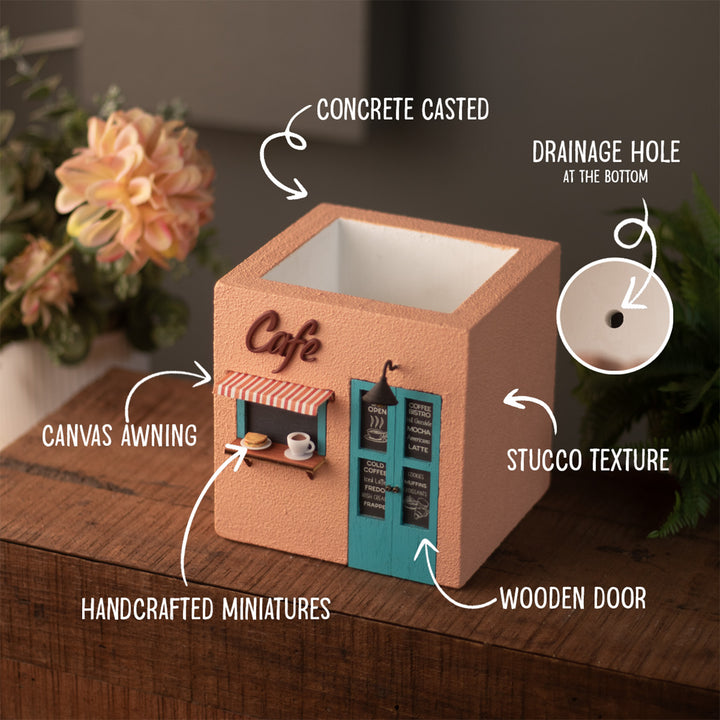 Handmade Café Themed Peach & Turquoise Concrete Planter With Drainage Hole For Home Decor