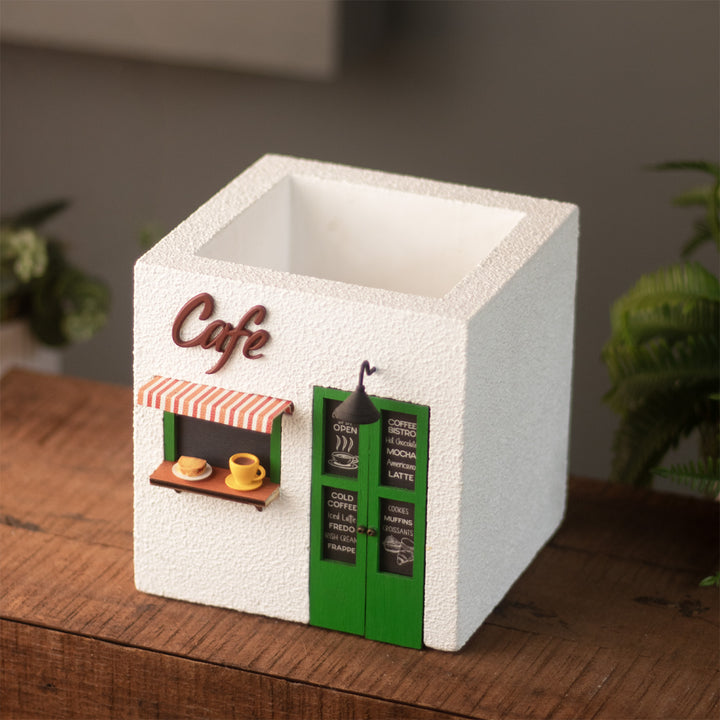 Handmade Café Themed White & Green Concrete Planter With Drainage Hole For Home Decor