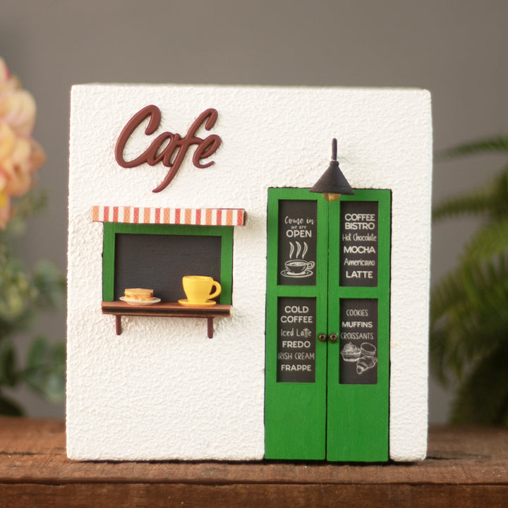 Handmade Café Themed White & Green Concrete Planter With Drainage Hole For Home Decor