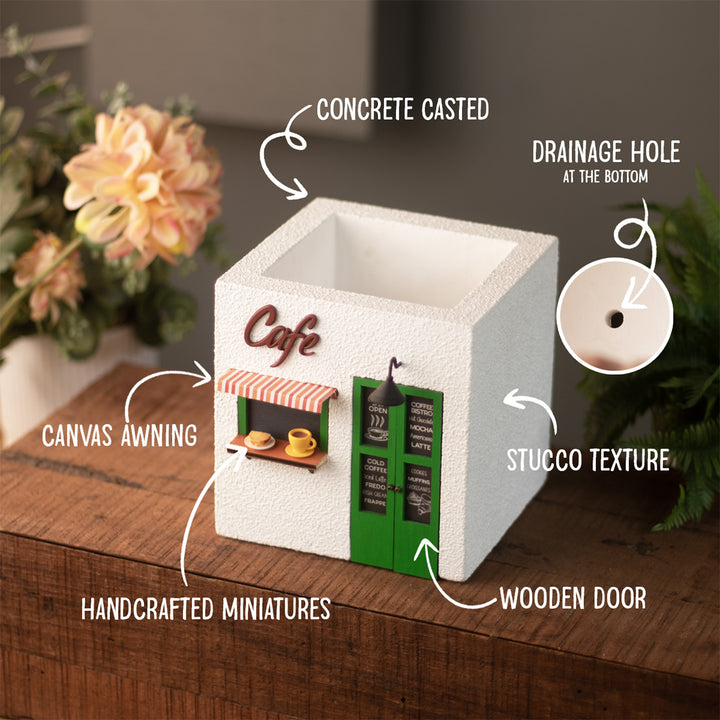Handmade Café Themed White & Green Concrete Planter With Drainage Hole For Home Decor