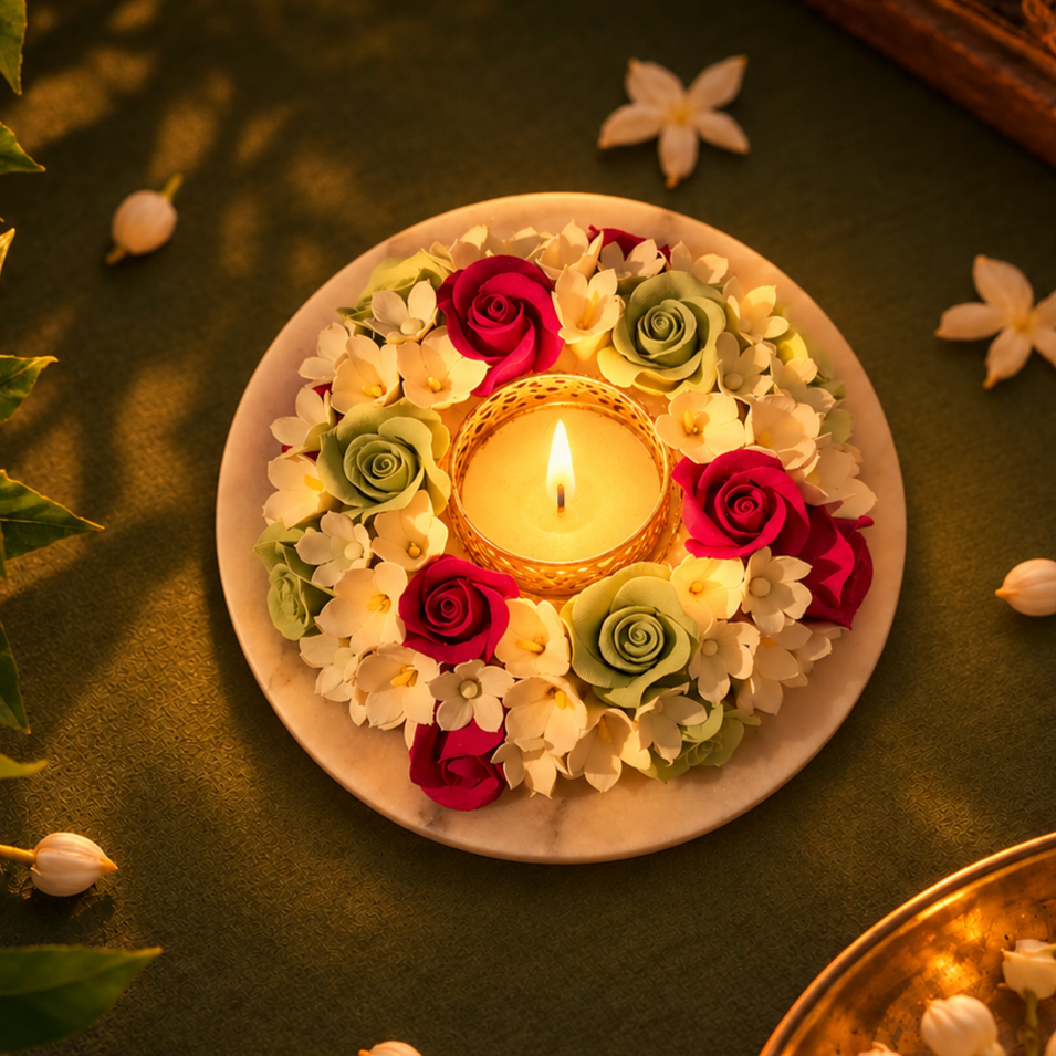 Handmade Floral Scarlet Deco Clay & Marble Tealight Holder