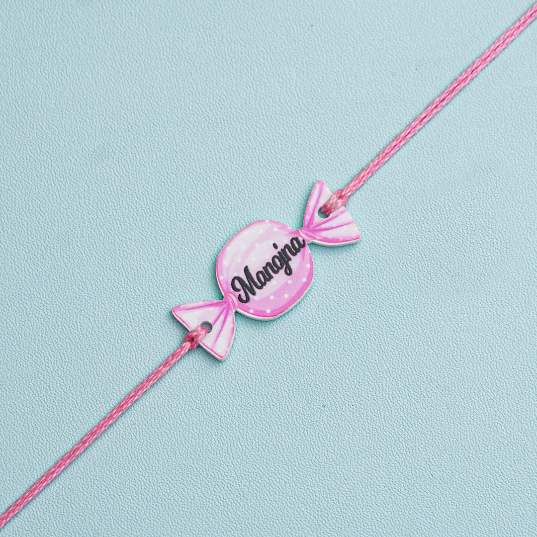 Personalized Handmade Candy Acrylic Kids Rakhi With Roli Chawal - Close-up of alternate personalized bracelet