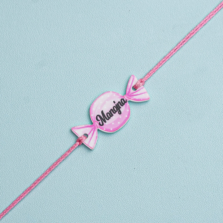 Personalized Handmade Candy Acrylic Kids Rakhi With Roli Chawal - Close-up of alternate personalized bracelet