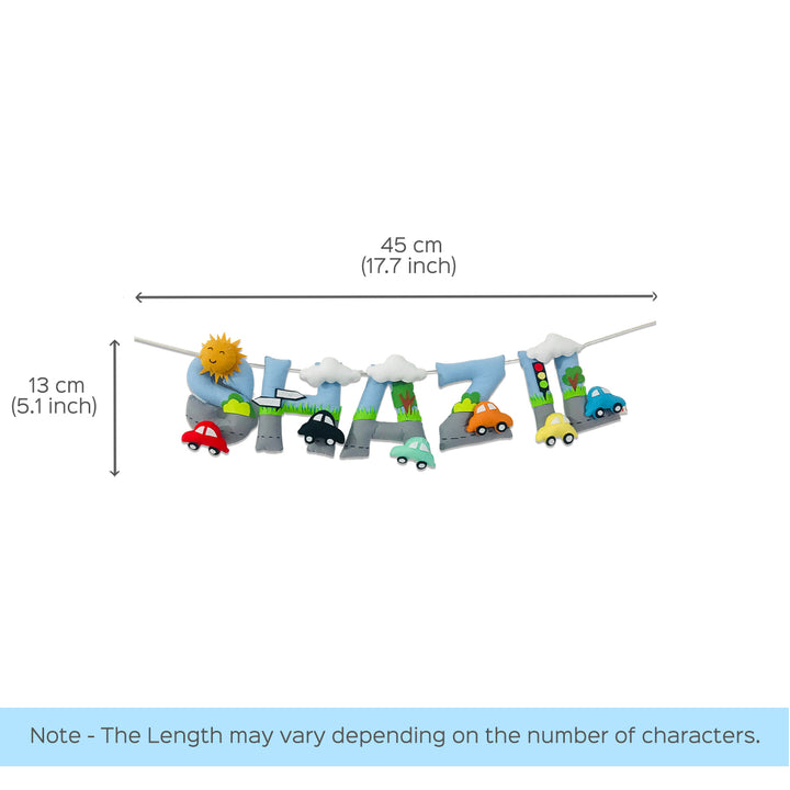 Handcrafted Personalized Car Themed Bunting For Kids - Dimension Chart with Length Measurements