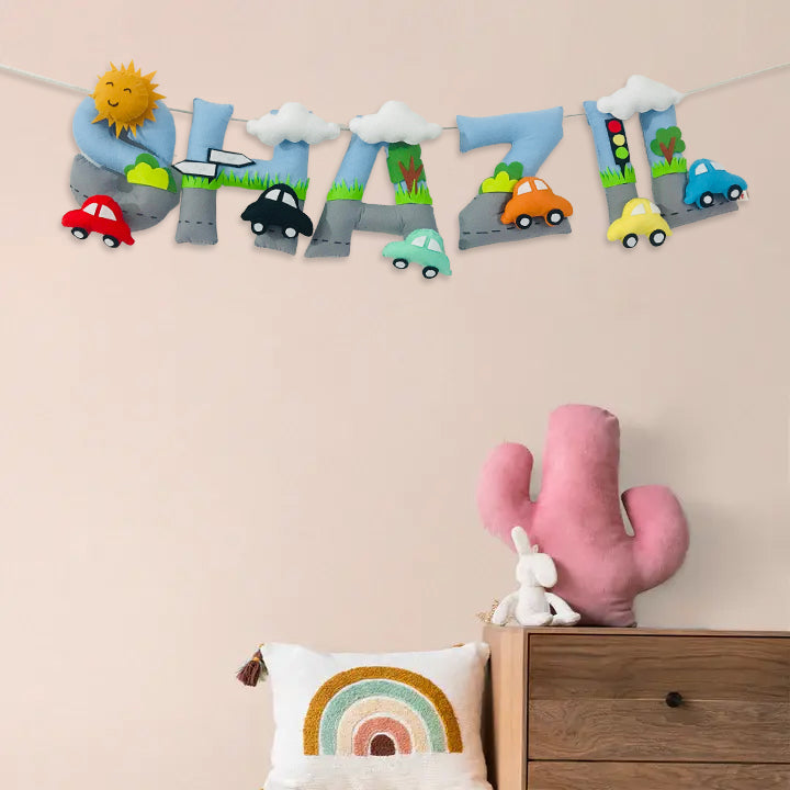 Handcrafted Personalized Car Themed Bunting For Kids - Hanging Letters Wall Decoration