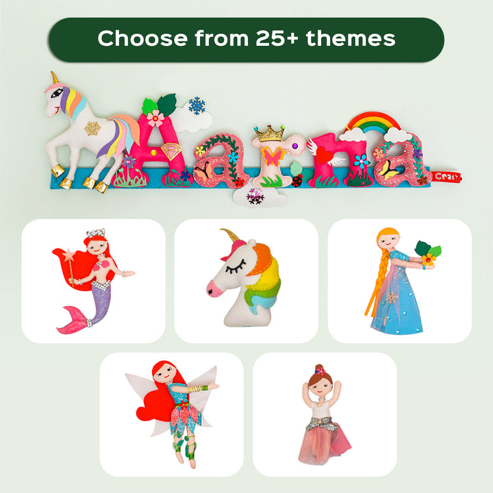 Handcrafted Personalized Jungle Fairy Themed Felt Name Plate For Kids - Theme Options Display with Icons