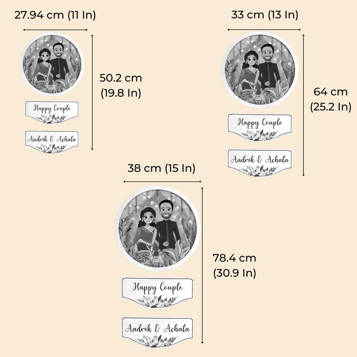 Photo Caricature Hanging Nameplate With 2 Planks Wedding Couples 1 - Dimension Chart with Measurements