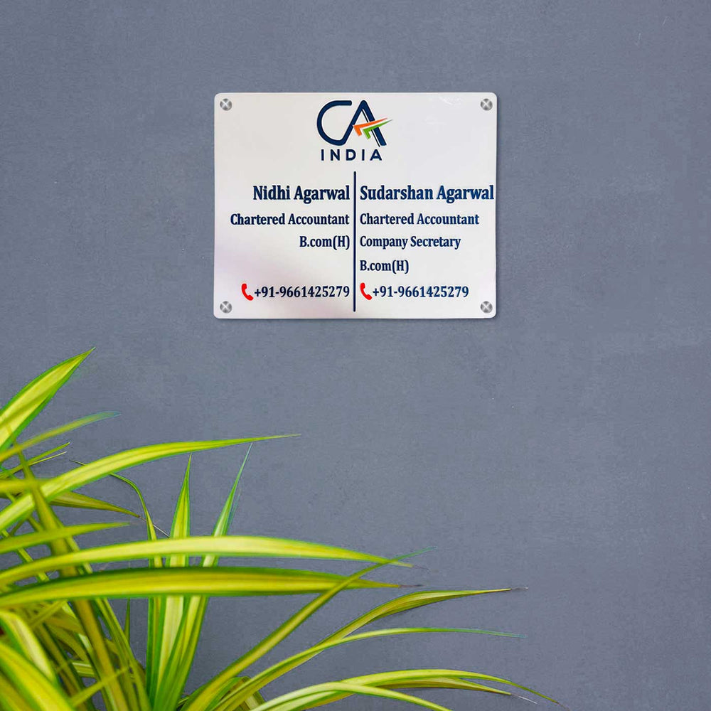 Personalized Waterproof Chartered Accountant Acrylic Name Plate - Front View Mounted on Wall