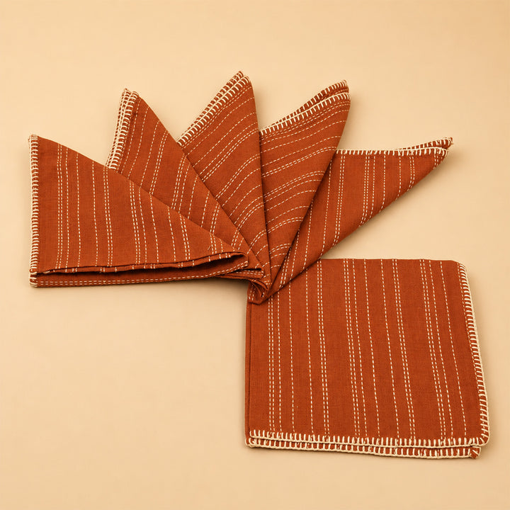 Handcrafted Orange Hand Kantha Gamcha Table Linen Gift Hamper With Runner And Table Mats For Festive Gifting