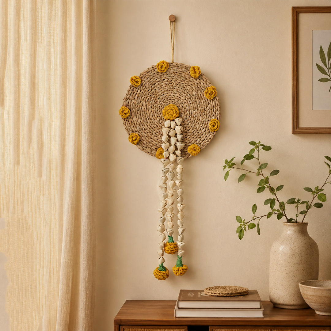 2 Pc | "Genda" Handcrafted Chamba Wall Hangings With Crochet Marigolds For Festive Decor