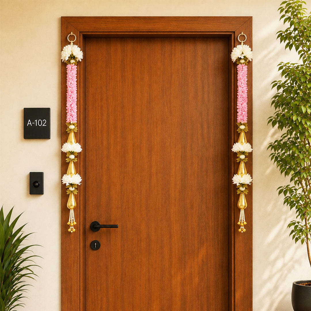 Set of 2 | Handmade White Flower & Pink Gajra Wall Hanging Pair For Festive Decor
