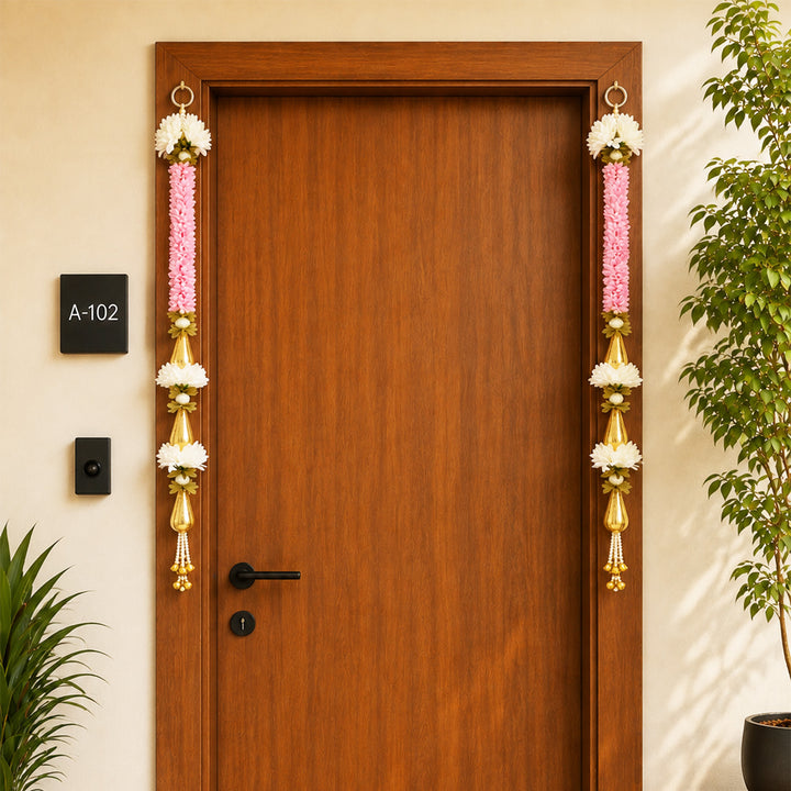 Set of 2 | Handmade White Flower & Pink Gajra Wall Hanging Pair For Festive Decor