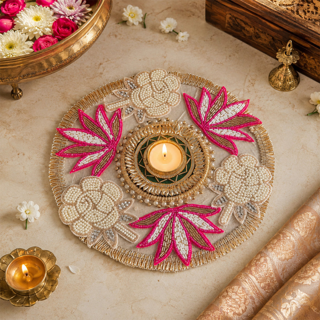 Hand-Embroidered Gota Patti Pink Lotus & White Rose Design MDF Rangoli With Tealight For Festive Decor