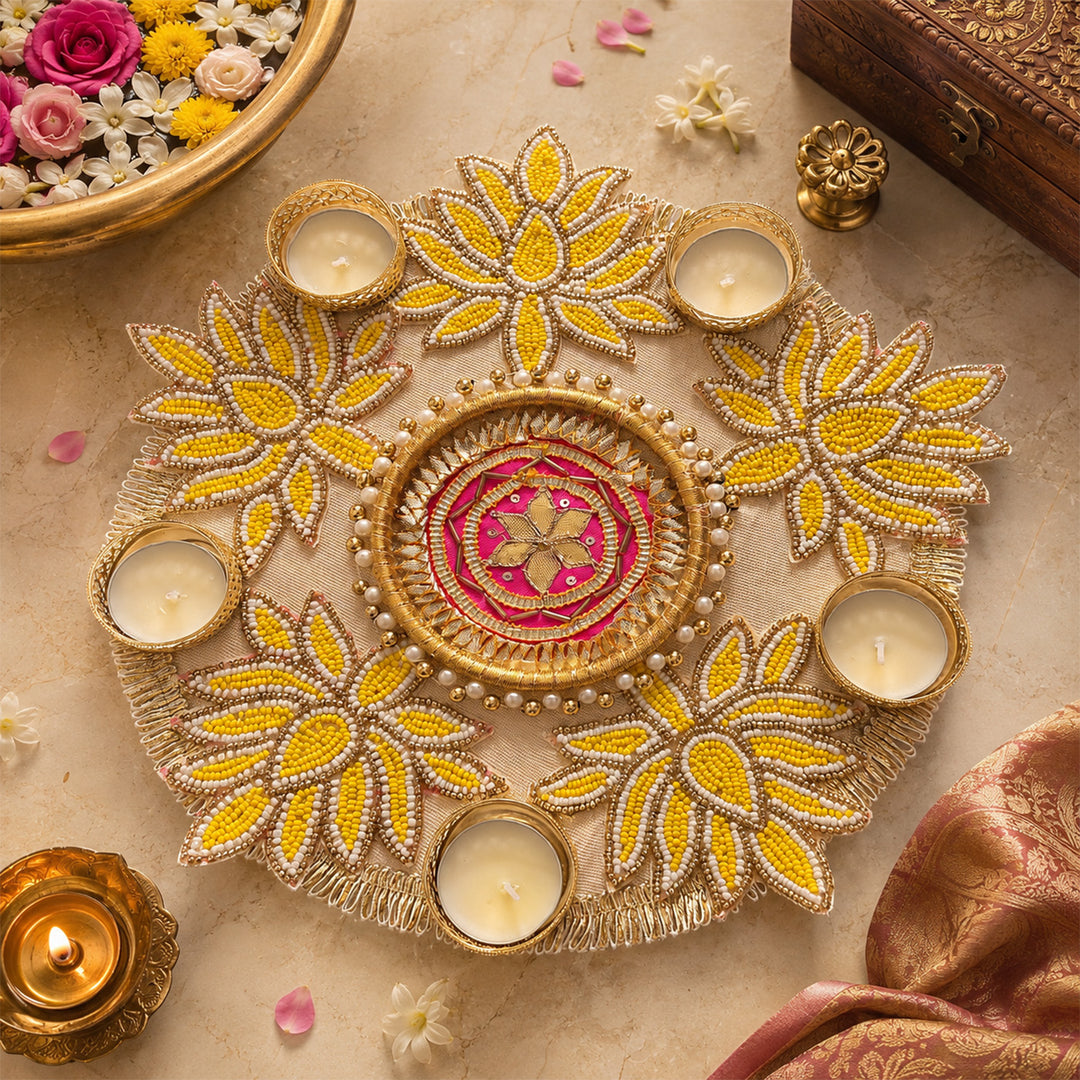 Hand-Embroidered Gota Patti Yellow Lotus Design MDF Rangoli With Tealight For Festive Decor
