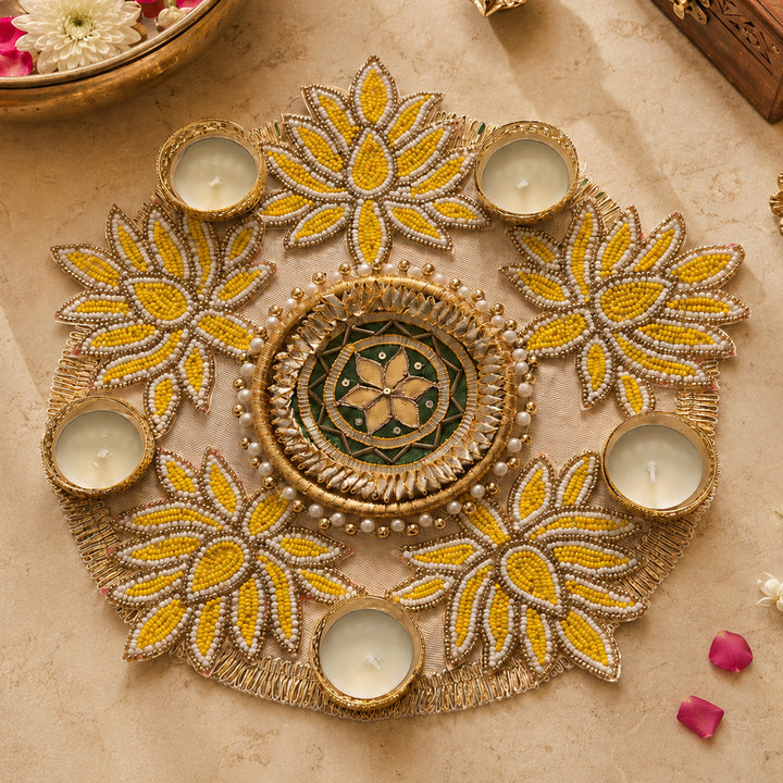 Hand-Embroidered Gota Patti Yellow Lotus Design MDF Rangoli With Tealight For Festive Decor