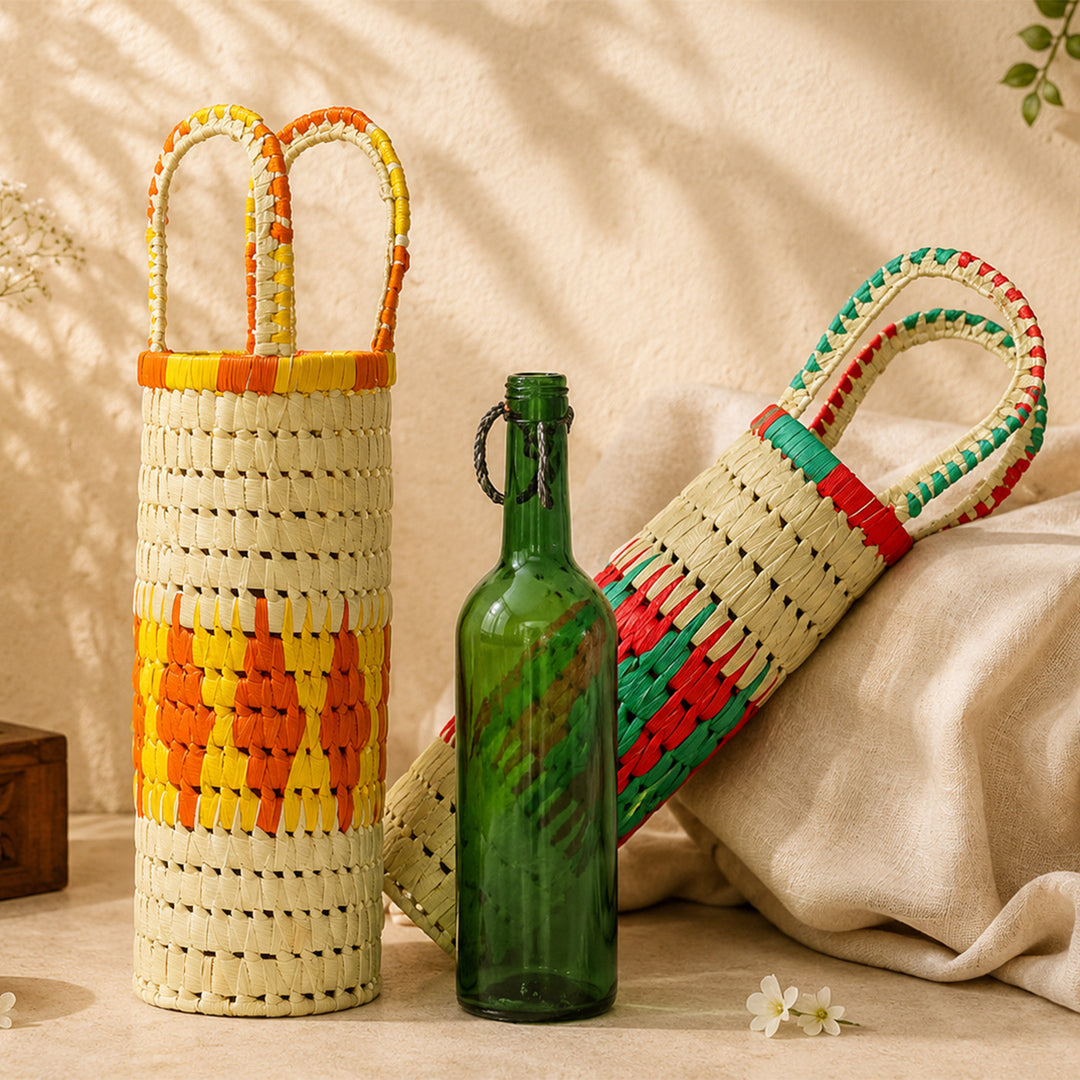 Handwoven Palm Leaf Dual Colour Bottle Holder With Handle For Gifting