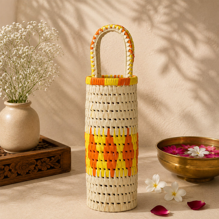 Handwoven Palm Leaf Dual Colour Bottle Holder With Handle For Gifting