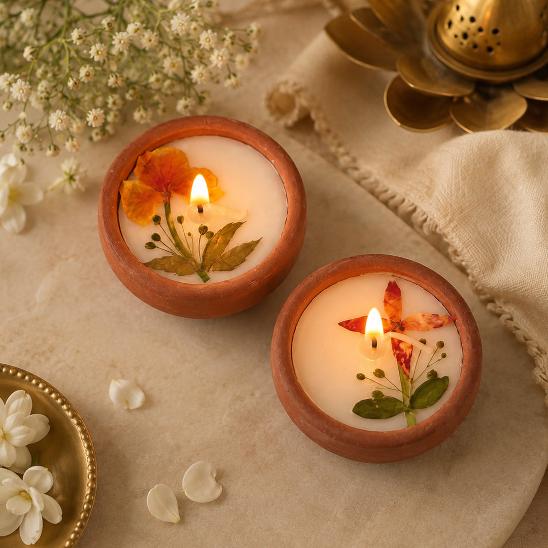 12 Candles | Handmade Dried Flower Terracotta Scented Candle | 6 Boxes, 2 Candles Per Box