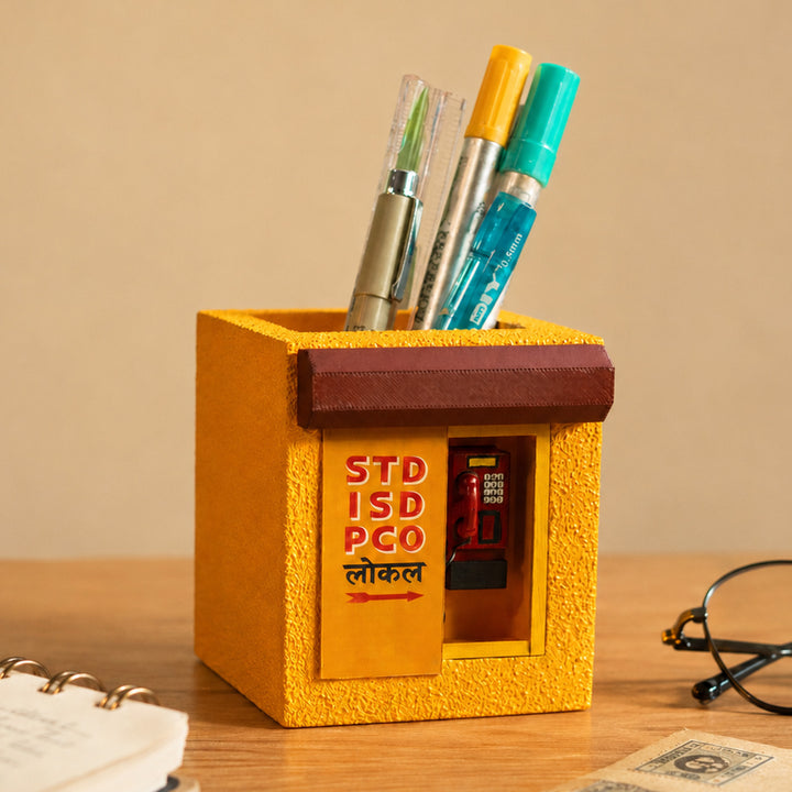 Handmade Miniature Telephone Booth Themed Pen Stand For Decor