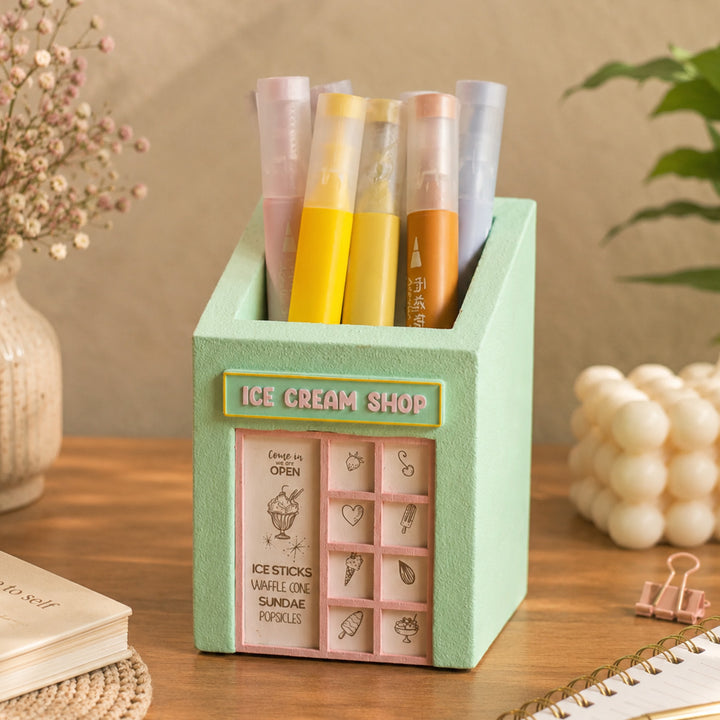 Handmade Miniature Ice Cream Shop Themed Pen Stand For Decor