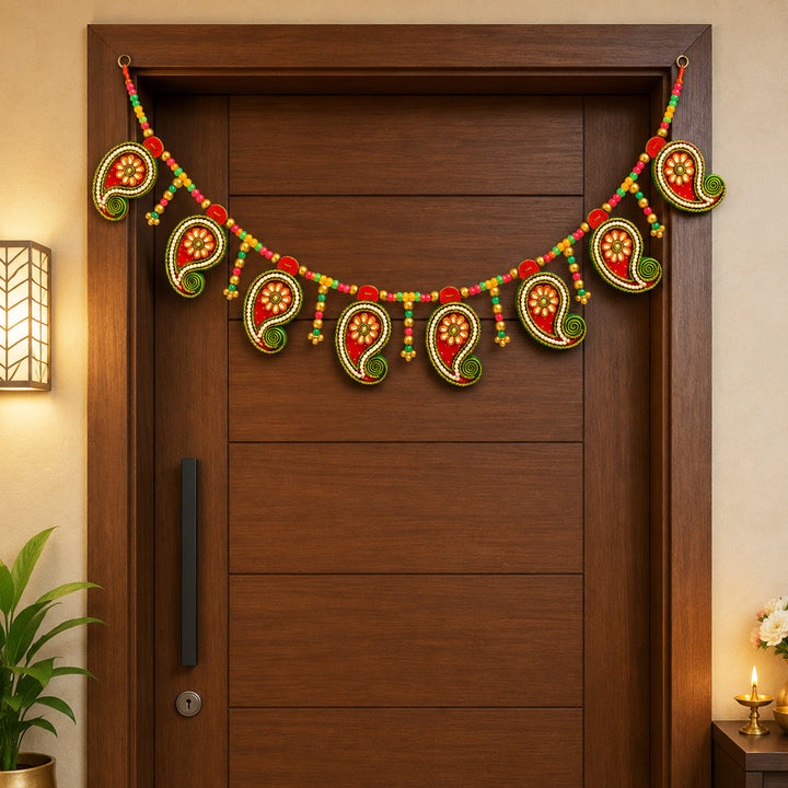 Red Kerry Handcrafted Paisley MDF & Paper Mache Toran For Festive Decor