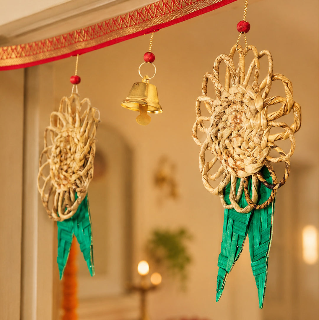 43 In | "Pushp" Handcrafted Banana Toran with Bamboo Mango Leaf Accents for Festive Decor
