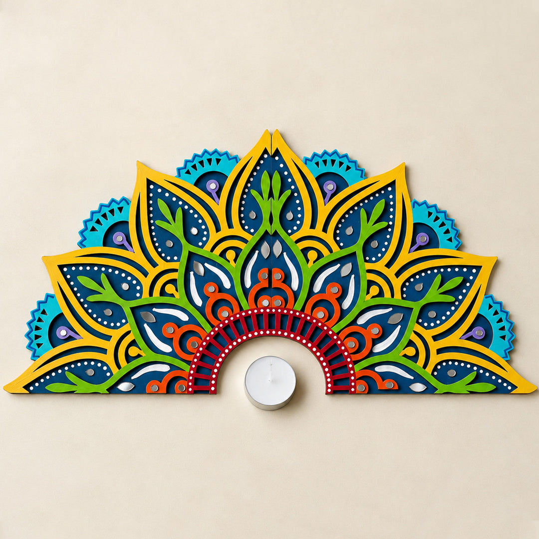 2 Pc | Hand-Painted Blue & Yellow Half-Moon Mdf Split Rangoli For Festive Decor