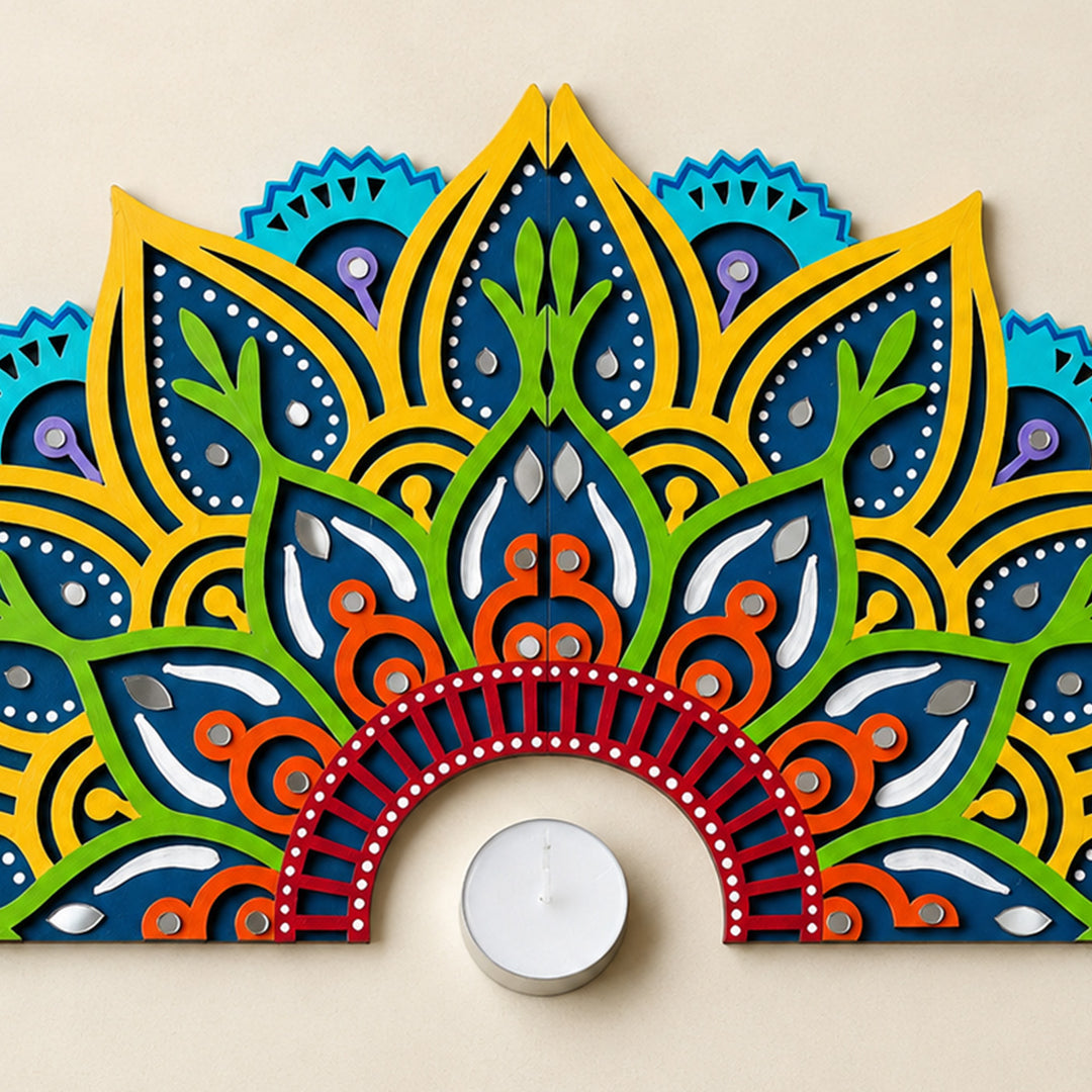 2 Pc | Hand-Painted Blue & Yellow Half-Moon Mdf Split Rangoli For Festive Decor