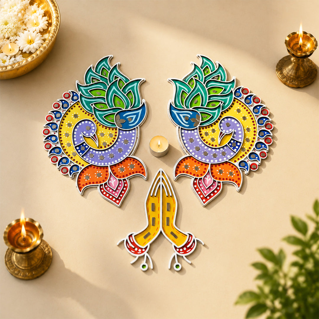 3 Pc | Hand-Painted Peacock & Hand Mdf Rangoli With Mirror Work For Festive Decor