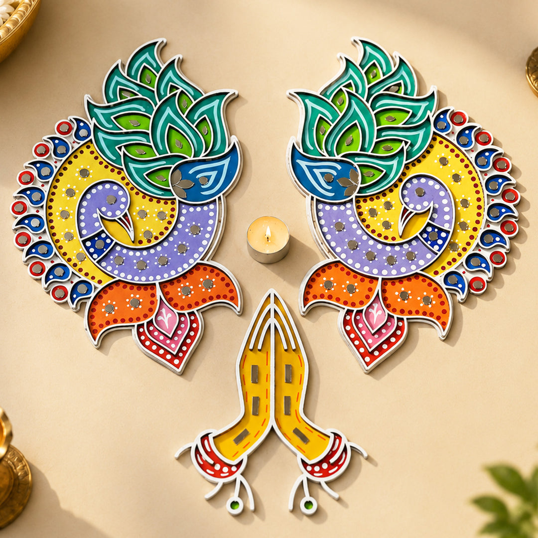 3 Pc | Hand-Painted Peacock & Hand Mdf Rangoli With Mirror Work For Festive Decor