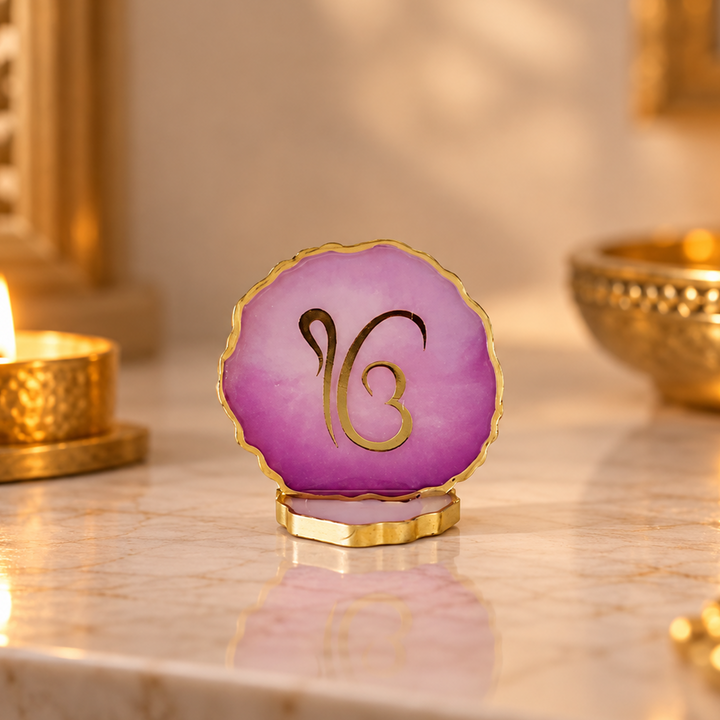 Lilac Ik Onkar Resin Art Tealight Holder with Gold Edge