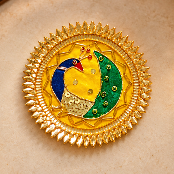 3.5 Inch | Handmade Morni Gota Patti Yellow Peacock Rangoli for Festive Decor