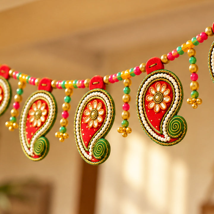Red Kerry Handcrafted Paisley MDF & Paper Mache Toran For Festive Decor