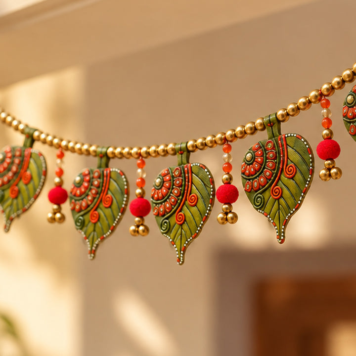 Small Asopalav Green Handcrafted Asopalav Leaf MDF & Paper Mache Toran For Festive Decor
