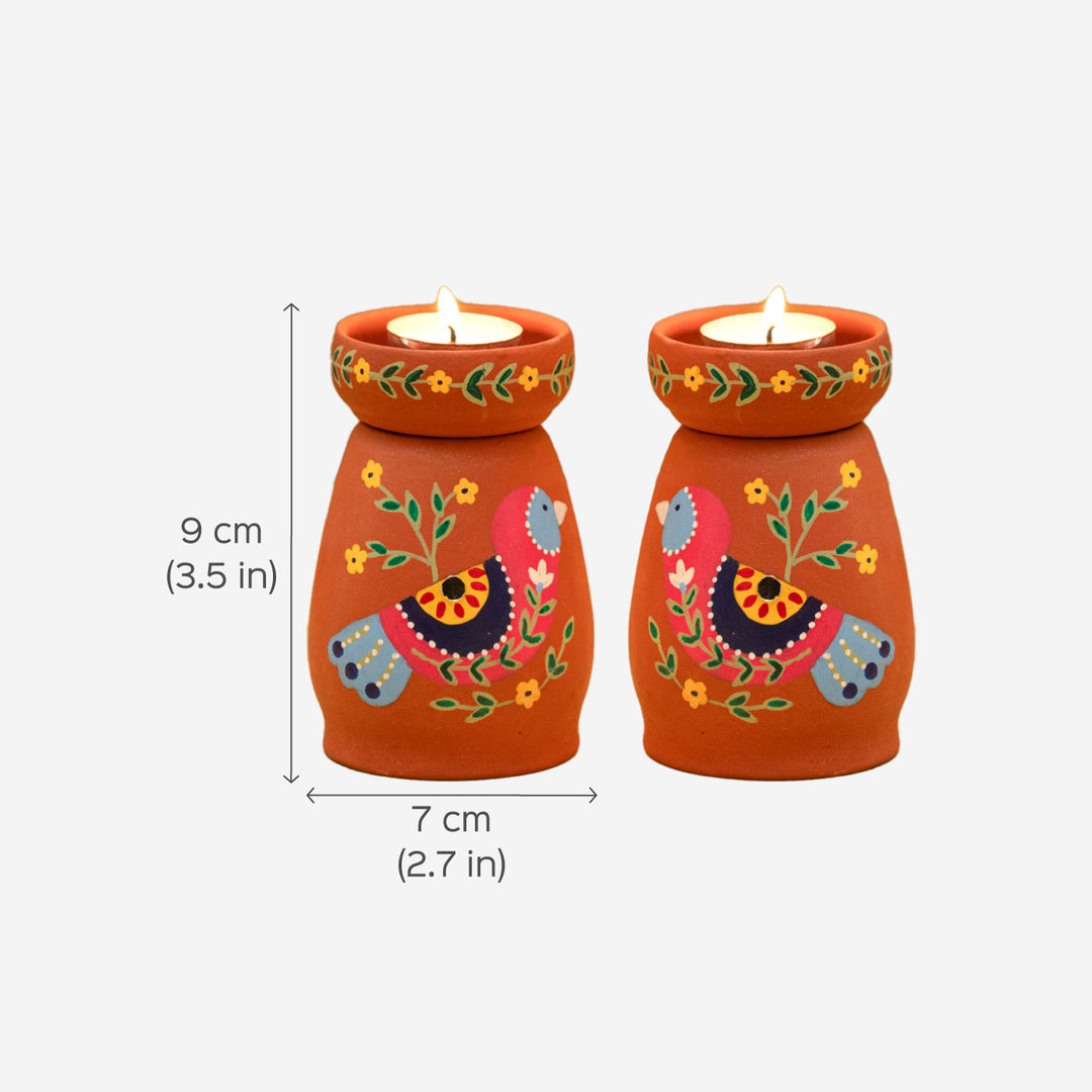 Handpainted Terracotta Mirror-work Chidiya Tealight Holder | Set of 2