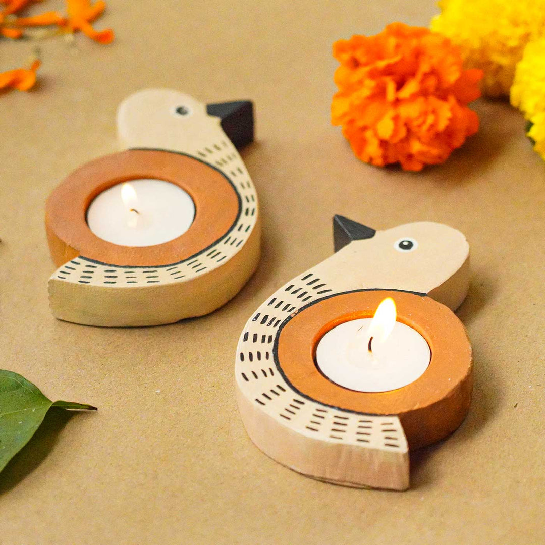 Handmade Bird Shaped Wooden Tealight Holder | Set of 2