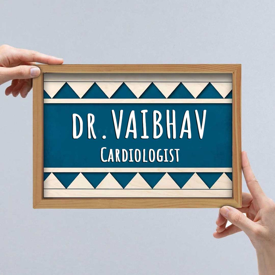 Wooden Personalized Framed Name Plate For Doctors - Held by Hands Front View