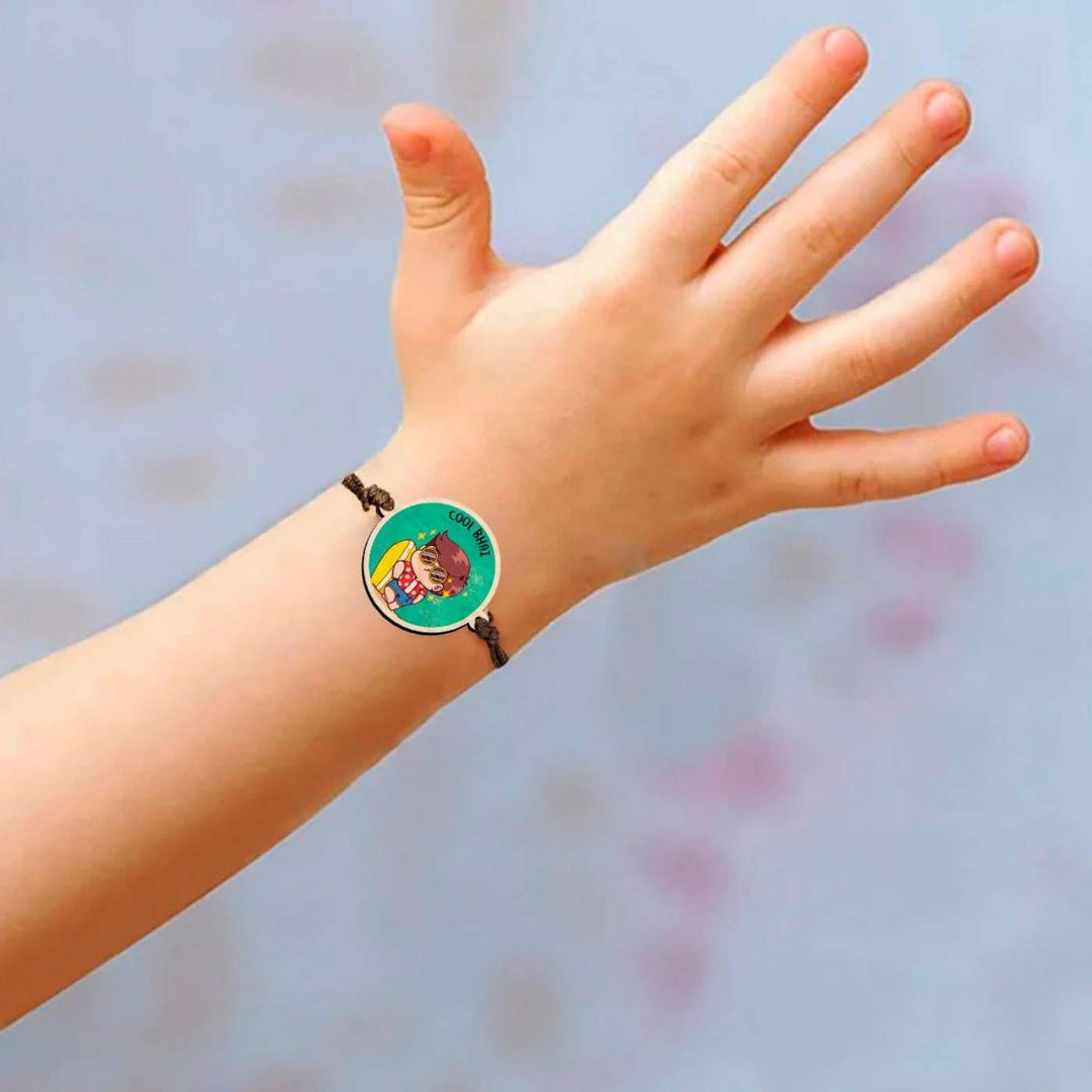 Handmade Cool Bhai Wooden Rakhi With Roli Chawal - On wrist view