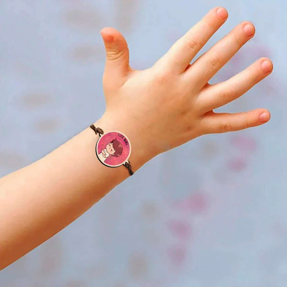 Handmade Cute Bhai Wooden Rakhi With Roli Chawal - Worn on childâ€™s wrist