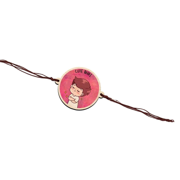 Handmade Cute Bhai Wooden Rakhi With Roli Chawal - Flat lay with full Rakhi visible