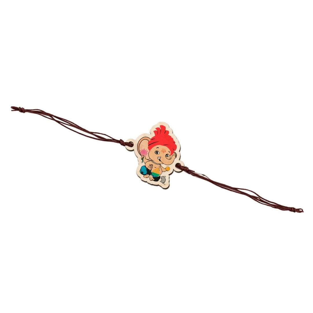Handmade Ganapati Wooden Kids Rakhi With Roli Chawal - Full view of Rakhi with string