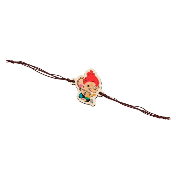 Handmade Ganapati Wooden Kids Rakhi With Roli Chawal - Full view of Rakhi with string