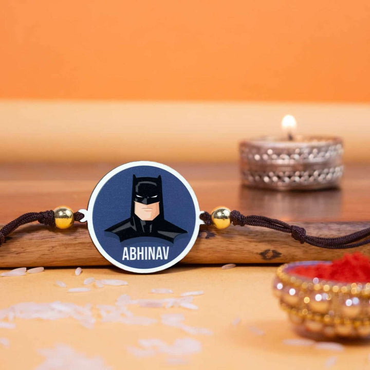 Personalized Handmade Batman Wooden Kids Rakhi With Roli Chawal - Styled rakhi with diya and ritual items