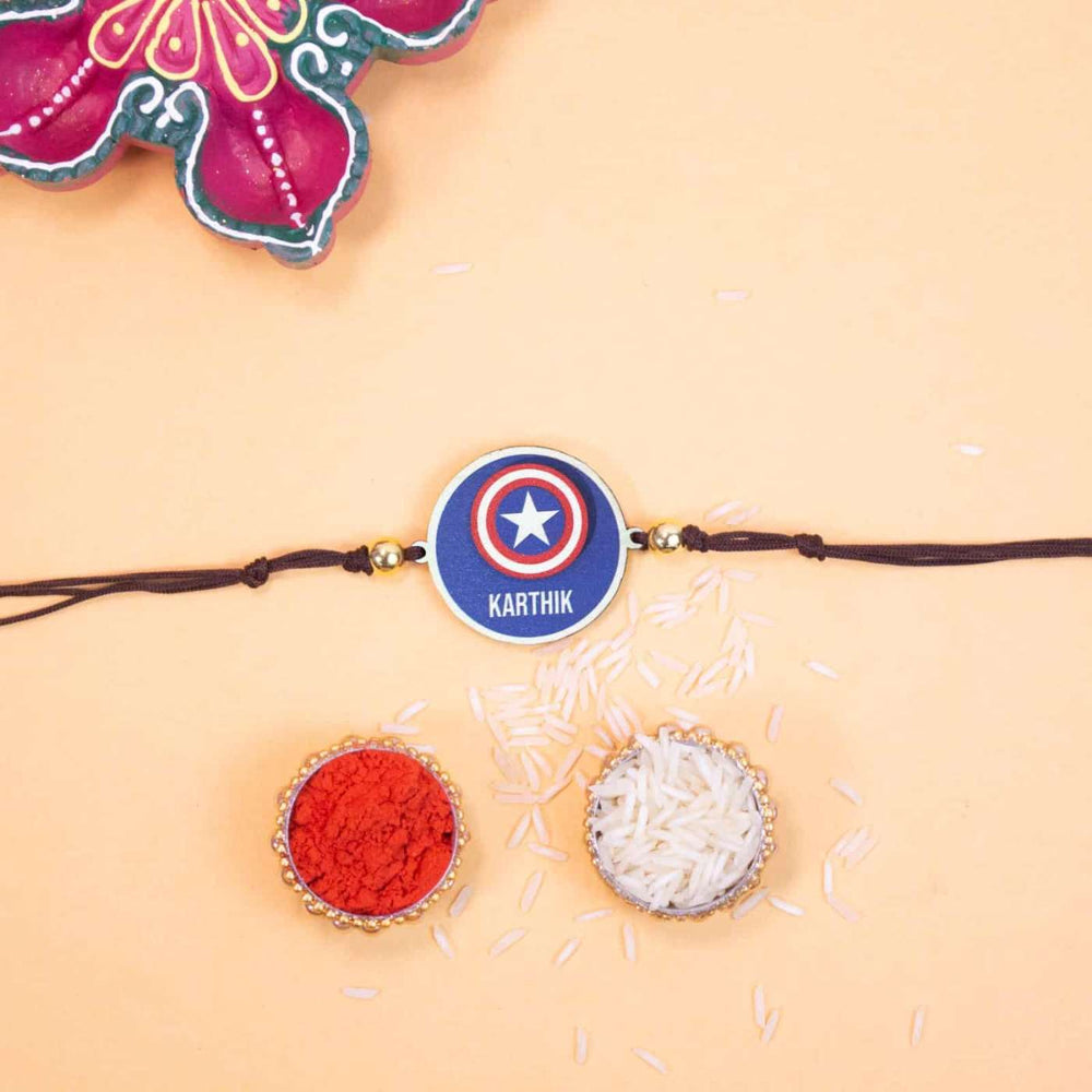 Personalized Handmade Captian America Wooden Kids Rakhi With Roli Chawal - Rakhi with Traditional Puja Items