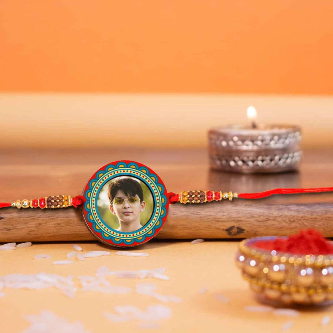 Photo Personalized Handmade Elegant Wooden Rakhi With Roli Chawal - Styled Rakhi with Festival Items